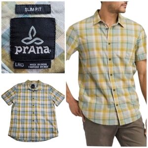 Prana Bryner Plaid Short Sleeve Button Down Shirt Slim Fit Mens L Organic Cotton